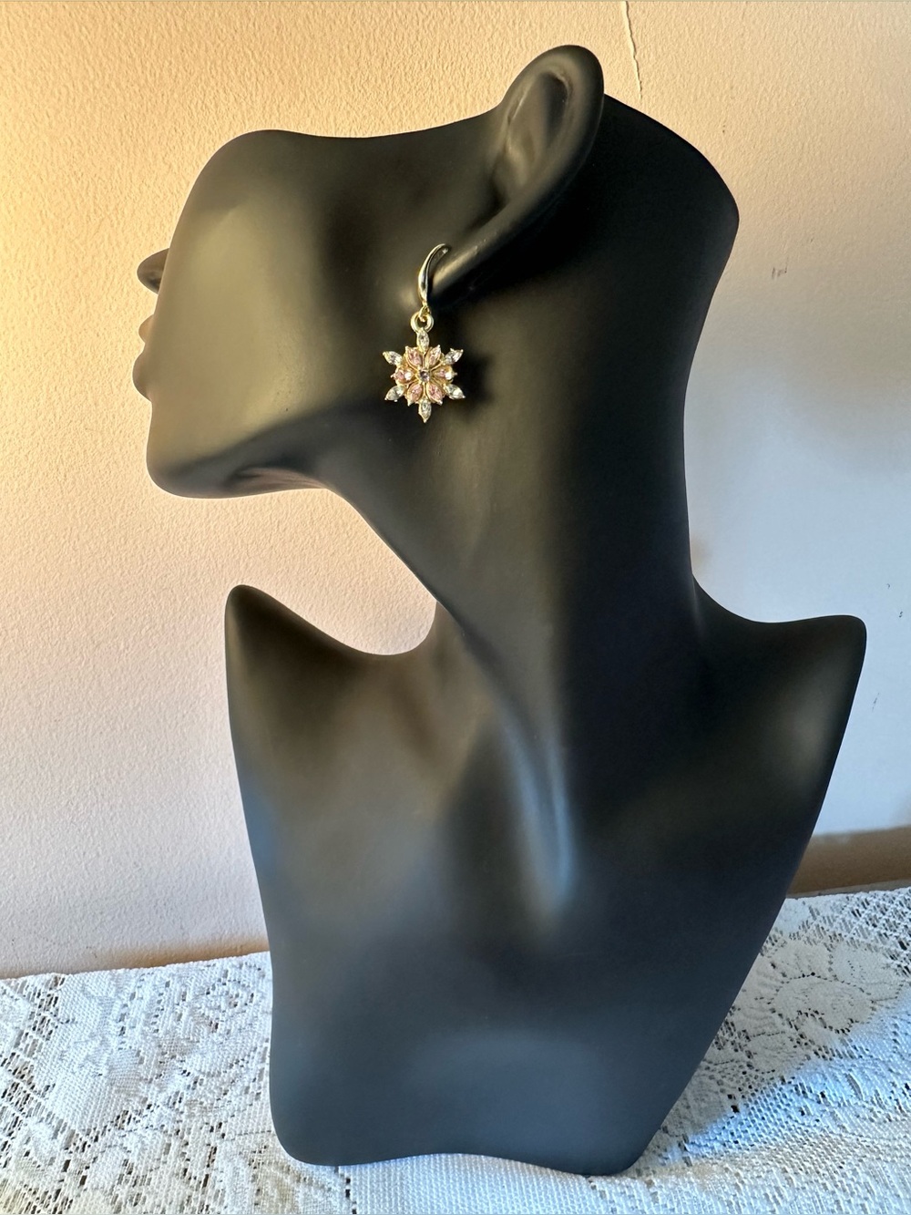 Gold-Tone Pink Crystal Flower Drop Earrings - Unbranded